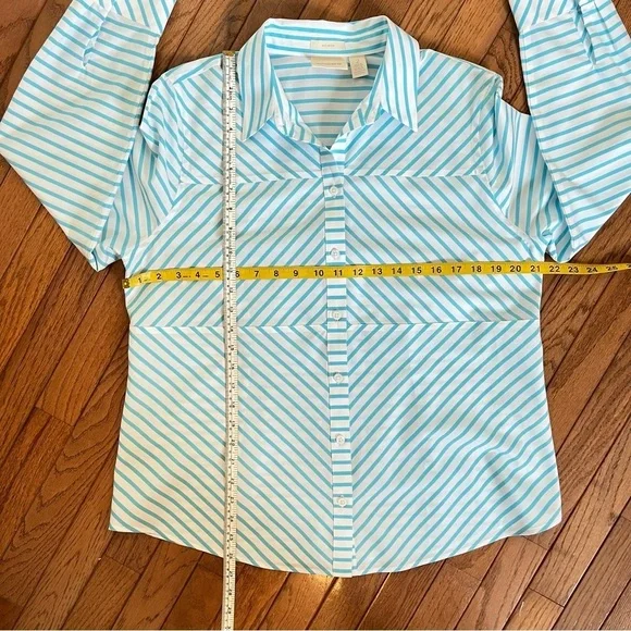 CHICO’S NWOT Women’s No Iron™ Stretch Stripe Shirt Pastel Blue Teal White Large - Picture 10 of 11